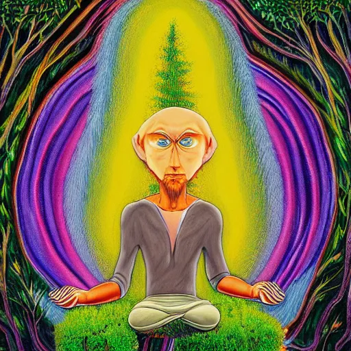 Image similar to A painting of mr mackey from south park meditating under a tree designed by flooko, alex grey,