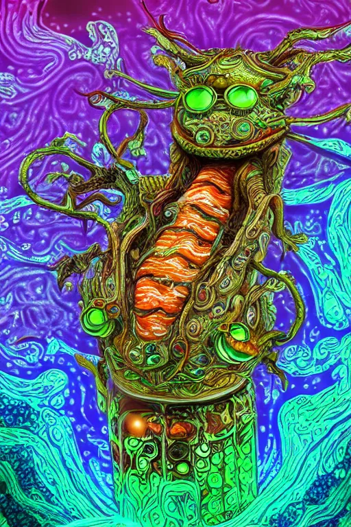 Image similar to creature sushi roots cactus elemental flush of force nature micro world fluo light deepdream a wild amazing steampunk baroque ancient alien creature, intricate detail, colorful digital painting radiating a glowing aura global illumination ray tracing