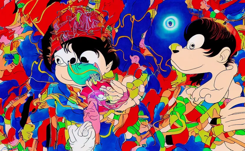 Image similar to a monkey smoking weed in cyberspace, digital painting masterpiece, painted by joji morikawa, by osamu tezuka, by yukito kishiro, by ikuto yamashita, 4 k wallpaper, beautiful, gorgeous