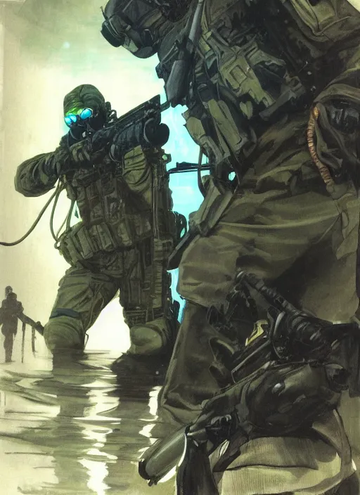 Prompt: Hector. USN blackops operator emerging from water near abandoned shipyard. Agent wearing Futuristic stealth suit. rb6s, MGS, and splinter cell Concept art by James Gurney, Alphonso Mucha. Vivid color scheme.