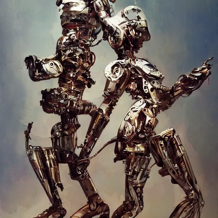 Image similar to realistic hussar cyborg, full body, high fashion, futurism, aerodynamic, flowing, intricate, slick, highly detailed, digital painting, vogue, concept art, smooth, sharp focus, hd, art by syd mead and john berkey and annie leibovitz
