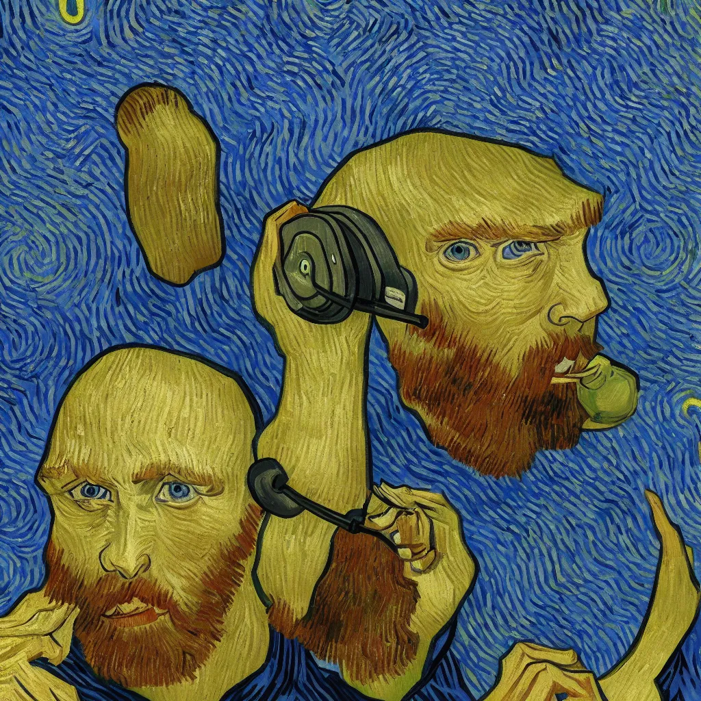 Image similar to i, a man wearing headphone and playing his iphone, by vincent van gogh