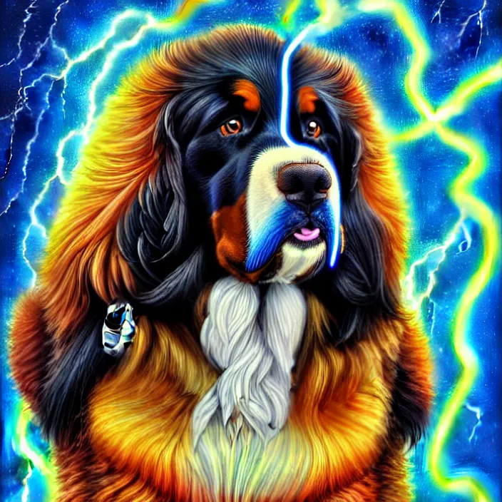 Image similar to an anthropomorphic male bernese mountain dog dressed as zeus shooting lightning bolts, by alex grey, intricate details, artstation, furry, psychedelic, hd, beautiful