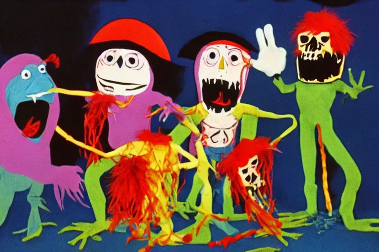 Prompt: a full color still from a weird 1 9 7 3 kids show about death, pirate puppets, fuzzy ghost