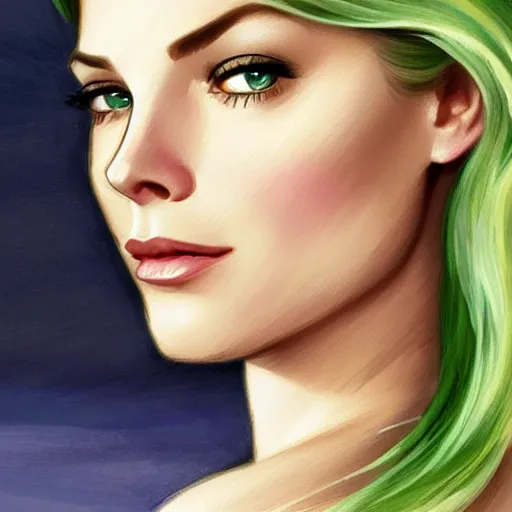 Image similar to A combination of Grace Kelly's and Katheryn Winnick's and Ashley Greene's faces with light green hair as a mermaid on the beach, western, fantasy, intricate, elegant, highly detailed, digital painting, artstation, concept art, matte, sharp focus, illustration, art by Artgerm and Greg Rutkowski and Alphonse Mucha