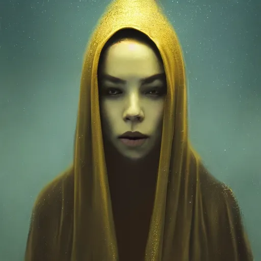 Image similar to a portrait of a young woman wearing a long dark cloak, hood and shadows covering face, holding golden chains, oil painting, matte painting, black background, Volumetric Golden dappled dynamic lighting, Highly Detailed, Cinematic Lighting, Unreal Engine, 8k, HD, by Beksinski