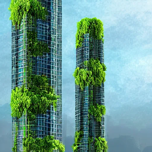 Prompt: Two futuristic towers with a skybridge covered in lush foliage, digital art