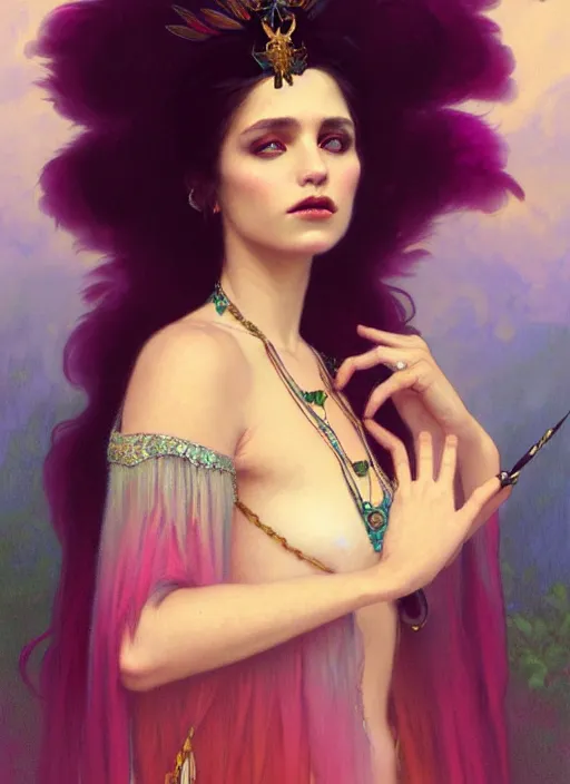 Prompt: ombre velvet gown, feathers, lovely bohemian princess, portrait, long white hair, tiara, dozens of jeweled necklaces, feral languid woman, by greg rutkowski, brom, anato finnstark, alphonse mucha
