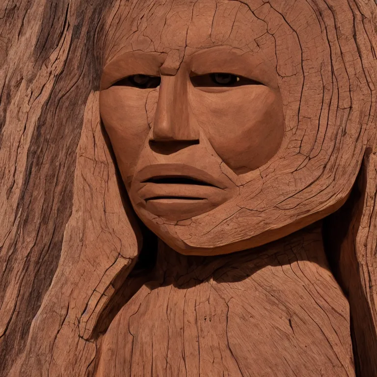 Prompt: public sculpture minimalist portrait of a powerful navajo woman, beautiful symmetrical face accurate face detailed face realistic proportions, carved out of juniper wood on a pedestal by stephan balkenhol and martin puryear, hyperrealistic dramatic lighting shocking detail trending on artstation 8 k