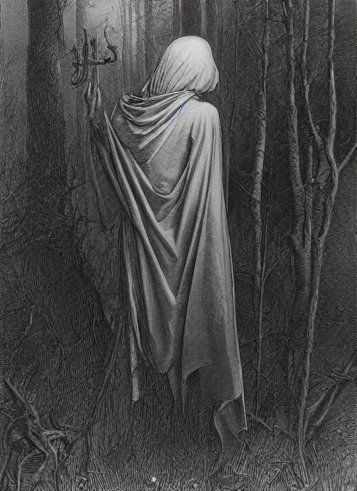 Image similar to faceless grim reaper with veil over face at far distance in beautiful forest, detailed pencil illustration by gustave dore, highly detailed, centered, high resolution, smooth, sharp focus, illustration