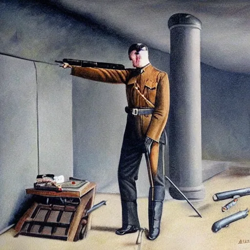 Prompt: a beautiful complex painting of adolf hitler shooting himself in his bunker