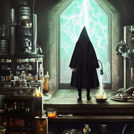 Image similar to a beautiful panting of a dark wizard casting spell, alchemist lab, hyperrealistic, cinematic atmosphere, epic