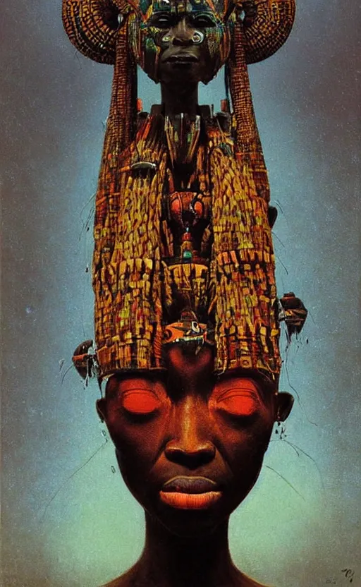 Image similar to portrait of african tribal chief wearing mecha head gear, symmetrical, dramatic lighting, art by zdzislaw beksinski,