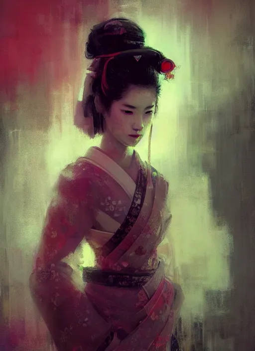 Image similar to female geisha girl, beautiful face, neon, rule of thirds, intricate outfit, spotlight, by greg rutkowski, by jeremy mann, digital painting