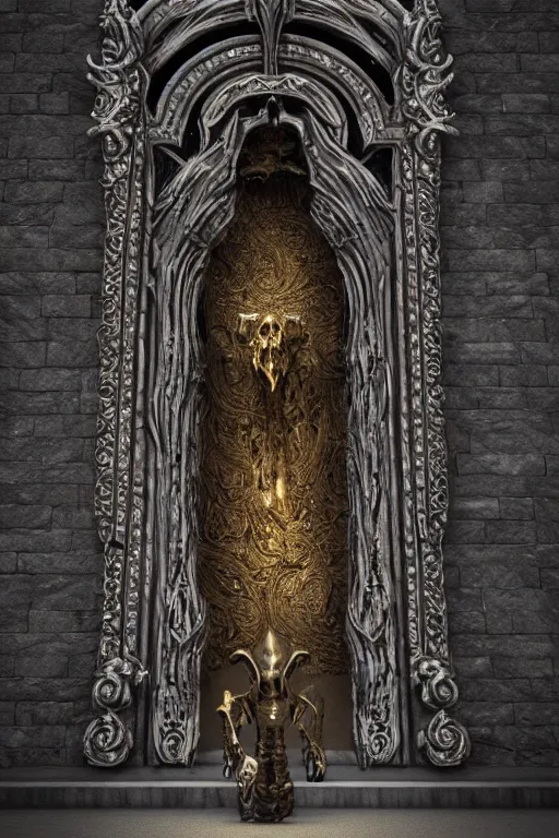 Image similar to extremely 3 d render detailed intricate ornate metallic bone carved concept art of hooded necromancer in front of a lovecraft portal