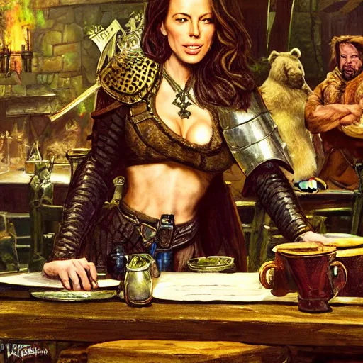 Prompt: kate beckinsale weared in full plate armor, sit in fantasy tavern near fireplace, behind bar deck with bear mugs, medieval dnd, colorfull digital fantasy art by Roy Krenkel, Jefrey Cathrine Jhones, Arthur Rakham, NC Wyeth, Frank Frazetta, 4k