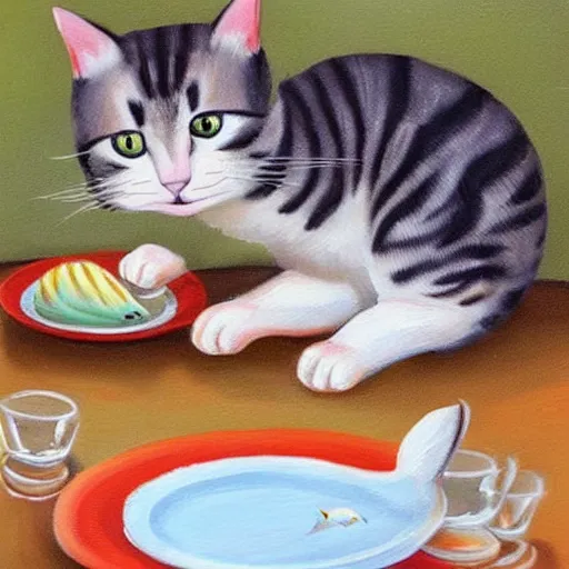 Prompt: cute painting of a cat trying to steal a fish from a plate on a dinner table