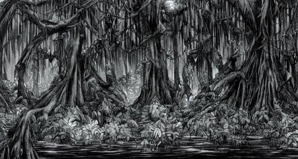 Image similar to A dense and dark enchanted forest with a swamp, by Hajime Isayama