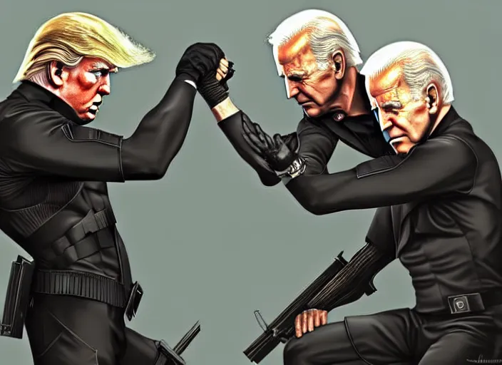 Image similar to donald trump and joe biden fighting in metal gear solid, digital art, trending on artstation, highly detailed, illustration, concept art, elegant, beautiful, masterpiece