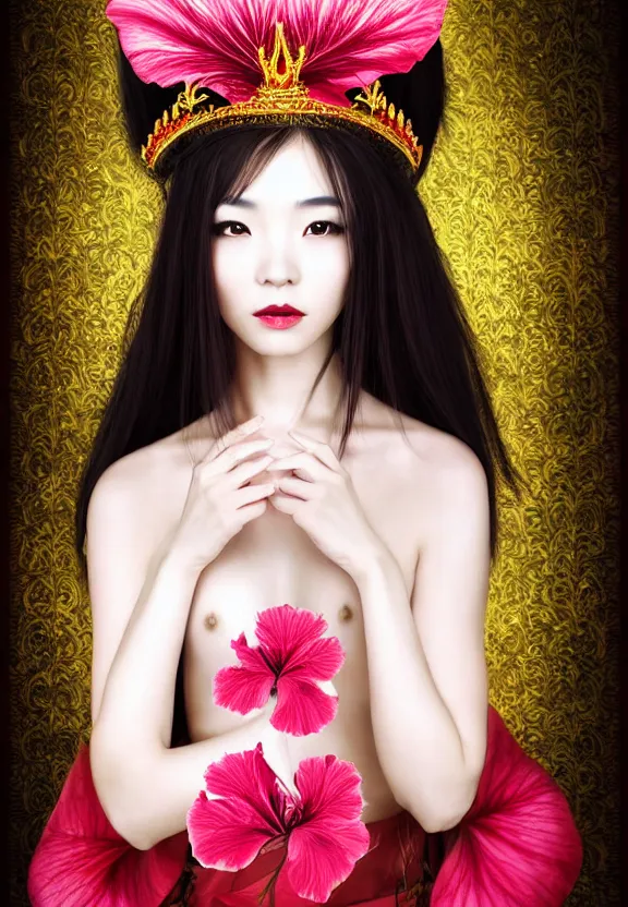 Image similar to beautiful oriental woman with gorgeous crown, symmetrical portrait, realistic, full body, white snake wrapped around body, hibiscus rosa - sinensis, rich in detail, by wlop