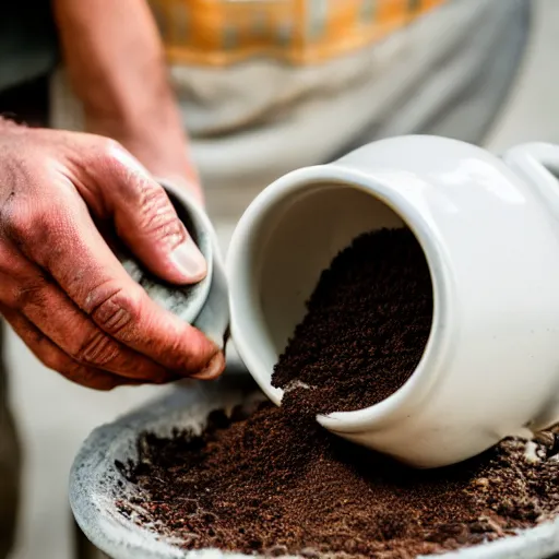 Image similar to a man mixing soil from the farm ground into a coffee mug, close up photo