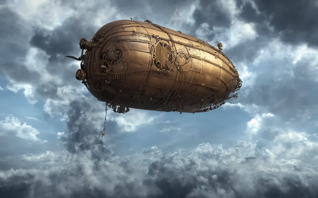 Image similar to steampunk dirigible floating between swirling clouds. photorealistic. 8 k, unreal engine. haze. rococo style
