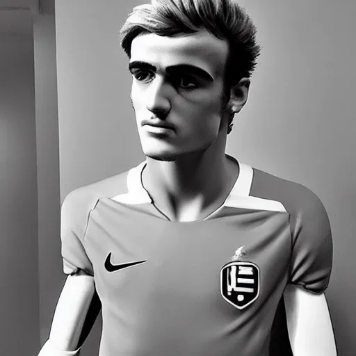 Image similar to “ a realistic detailed photo of a guy who is an attractive humanoid who is half robot and half humanoid, who is a male android, soccer player antoine griezmann, shiny skin, posing like a statue, blank stare, at the museum, on display ”