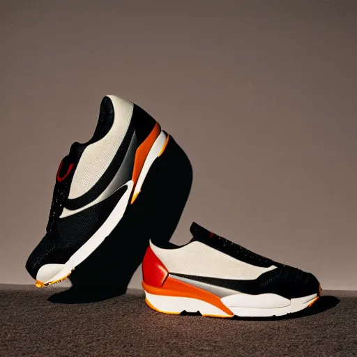 Image similar to a studio photoshoot of Nike air running sneakers designed by Tom Sachs, cream leather with knitted mesh material, gum rubber outsole, realistic, color film photography by Tlyer Mitchell, 35 mm, graflex