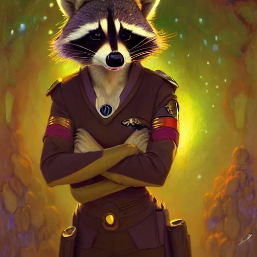 Prompt: a portrait of a female raccoon in starfleet uniform at night in a dark forest. zootopia fursona furaffinity furry art detailed face painting by gaston bussiere craig mullins jc leyendecker gustav klimt artgerm greg rutkowski furry