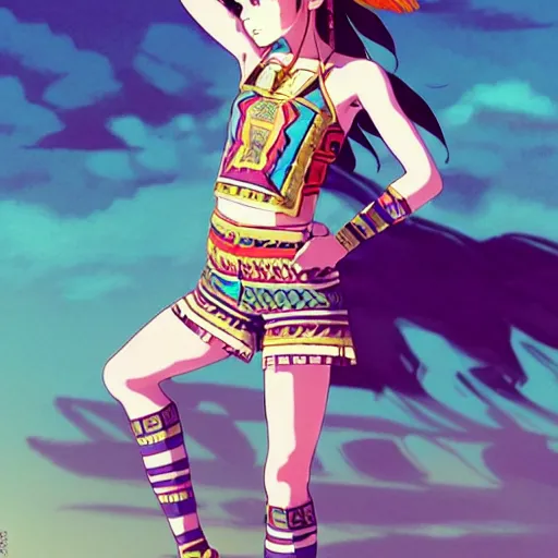 Image similar to a beautiful boyish emma watson alluring instagram model, wearing japanese hiphop aztec leotard outfit with mayan pattern and native style, aztec street fashion bathing suit, botw style, gapmoe yandere grimdark, trending on pixiv fanbox, painted by greg rutkowski makoto shinkai takashi takeuchi studio ghibli, akihiko yoshida