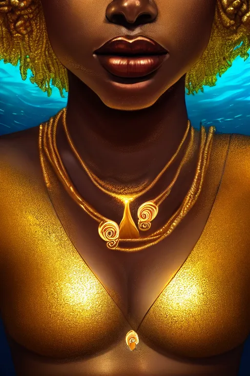 Image similar to hyperrealistic cinematic half underwater scene very expressive! translucent elegant african goddess, gold jewerly, highly detailed face, digital art masterpiece, aykut aydogdu zener, dramatic volumetric light, long shot, low angle uhd 8 k, sharp focus