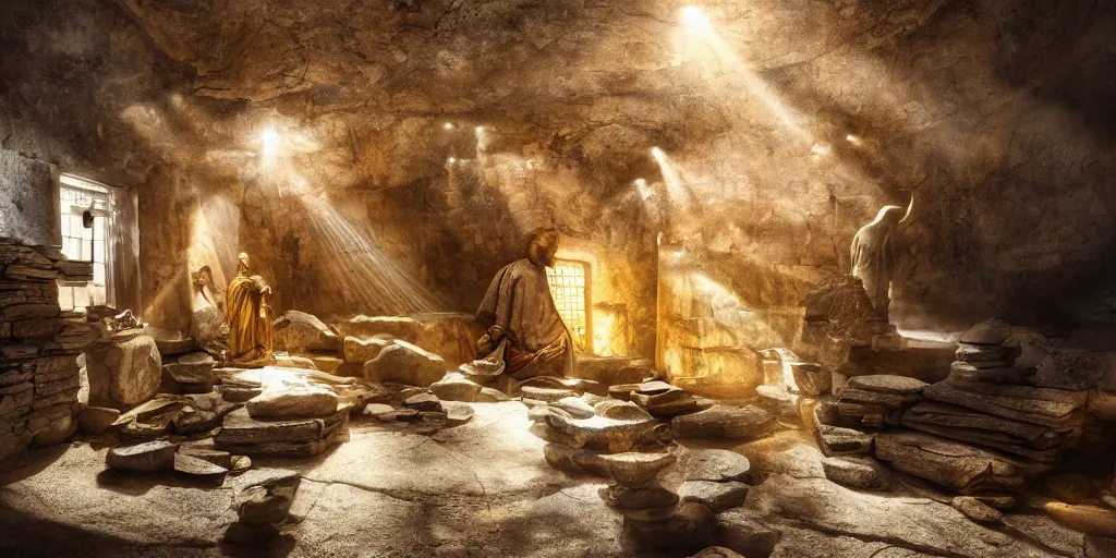 Image similar to gods basement filled with treasures and gold coins, divine, shinig rays of light, 8 k photography, cinematic light, award winning