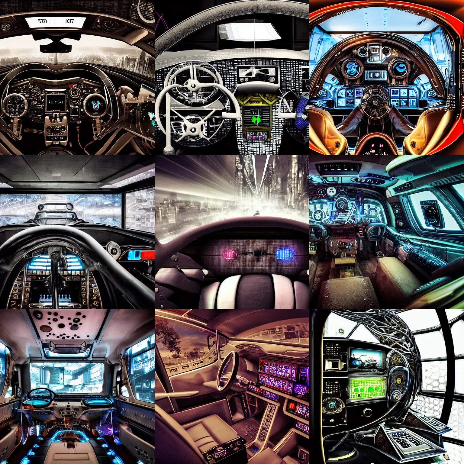 Prompt: award winning photograph, inside of a futuristic cyberpunk car with screens and dials and switches, steampunk, highly detailed
