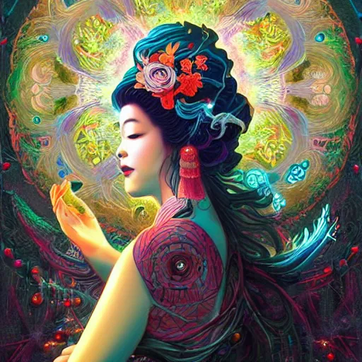 Image similar to a portrait of a geisha, surrounded by fractals, mandalas, cherry blossoms, hadron collider technology, metal gears, swirling bioluminescent energy, art by peter mohrbacher and dan mumford