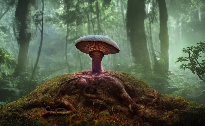 Image similar to a beautiful render of an alien mushroom growing out of a human a skull in a rainforest, sunset lighting, intricate detail, hazy, humid, volumetric lighting, god rays, 8 k, photorealistic, raytracing effects, unreal engine 5