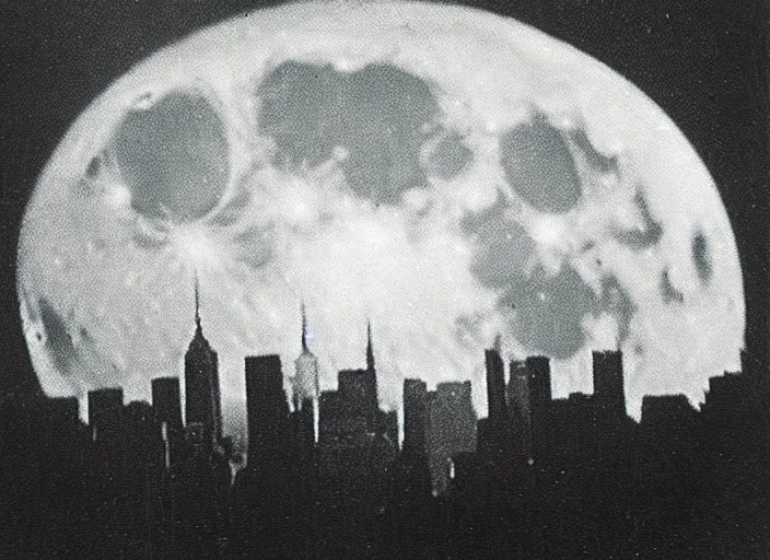 Image similar to vintage photo still of the moon!!!! exploding!!!! exploding moon moon explosion fragments on one side moon rupture moon exploding moon explosion over new york city in the 1 9 2 0 s, black and white, weathered, edge vignette, explosion in the sky, moon exploding