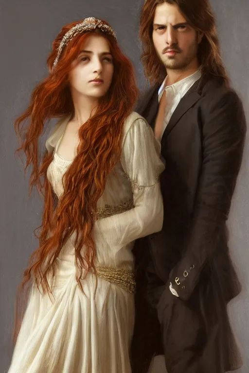 Image similar to a portrait of handsome young male rock star with long hair and his elegant beautiful bohemian wife, bored, illustration, dramatic lighting, soft details, painting oil on canvas, art nouveau, octane render, HDR, 4k, 8k, HD, by Edmund Blair Leighton, Brom, Charlie Bowater, trending on artstation, faces by Tom Bagshaw, Sargent