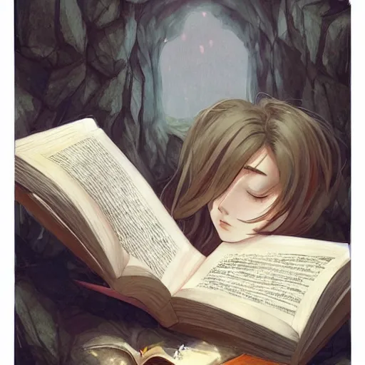 Image similar to a girl reading a book!!!, hair flowing down, symmetric, anatomically correct!, by hayao miyazaki, greg rutkowski