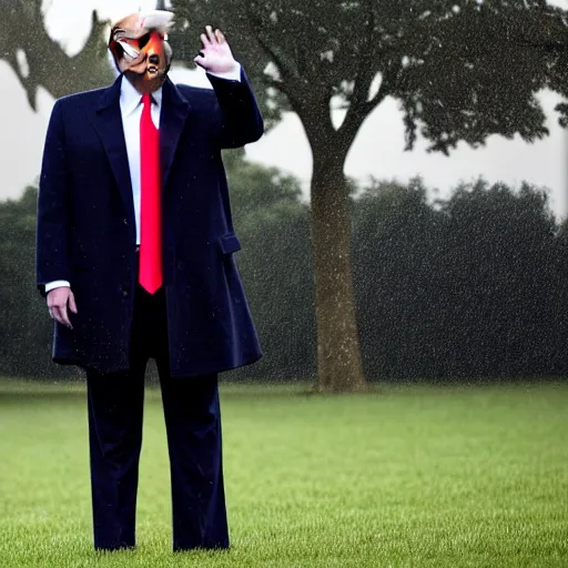 Image similar to extremely damp, wet, sweaty president donald trump, very fat, photograph on the white house lawn