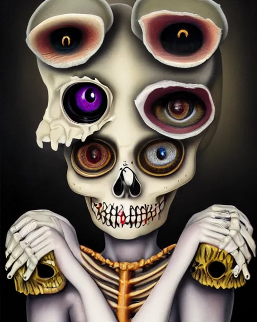 Prompt: a surrealistic head and shoulder painting of a gorgeous female skeleton with cat eyeballs and lipstick and hoodie, in the style of mark ryden, digital art, detailed masterpiece