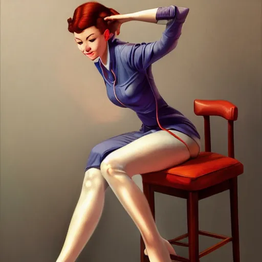 Image similar to portrait of a nurse on a stool, expressive pose, futuristic, highly detailed, digital painting, artstation, concept art, smooth, sharp focus, by Alberto Vargas