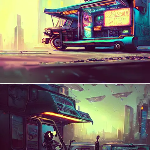 Image similar to a cyberpunk ice cream truck, highly detailed epic, CG render digital painting artwork by Greg Rutkowski, John Berkey, Alexander Jansson, Kuvshinov, WLOP, Artgerm, trending on ArtStation, intricate artwork by Tooth Wu, Beeple. octane render, trending on artstation, greg rutkowski very coherent symmetrical artwork, bokeh, cinematic, hyper realism, high detail, octane render, vervia, 8k