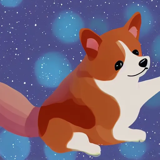 Prompt: character illustration of a happy corgi floating in space, detailed digital painting, science fiction, beautiful