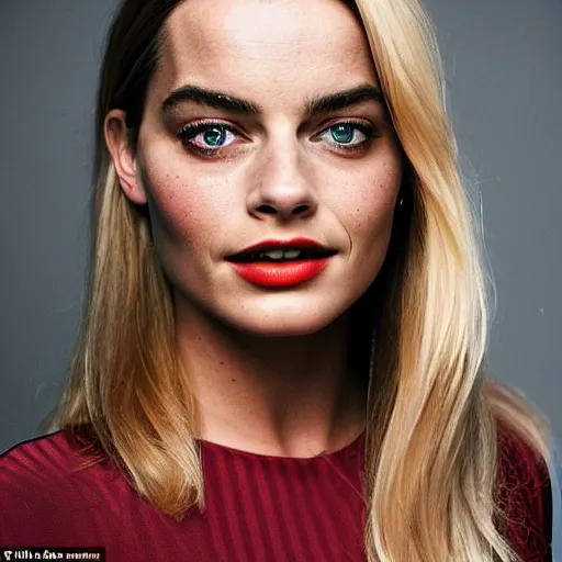 Image similar to a woman who is a genetic combination of margot robbie and emma watson face and upper - body focus