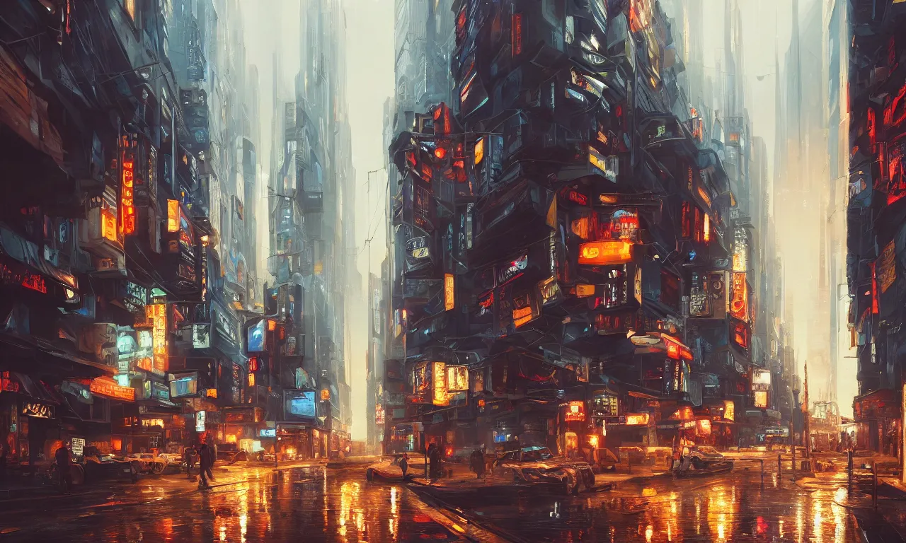 Image similar to an epic painting of the city street, oil on canvas, cold colors, perfect composition, golden ratio, beautiful detailed, photorealistic, digital painting, artstation, concept art, smooth, sharp focus, illustration, cyberpunk background, artstation trending, octane render, unreal engine