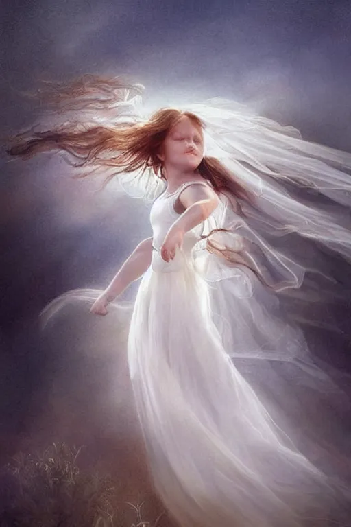 Image similar to little girl dancing in the wind, beautiful face, ethereal, bride, beautiful wedding dress, gorgeous, volumetric lighting, elegant, fluid, very highly detailed, digital painting, concept art, illustration, limited color palette, atmosphere and tension, art by greg olsen and liz lemon swindle