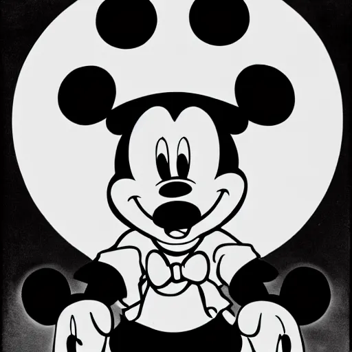 Prompt: mickey mouse riding on a nuclear bomb, black and white, cartoon, Walt Disney, 1920s