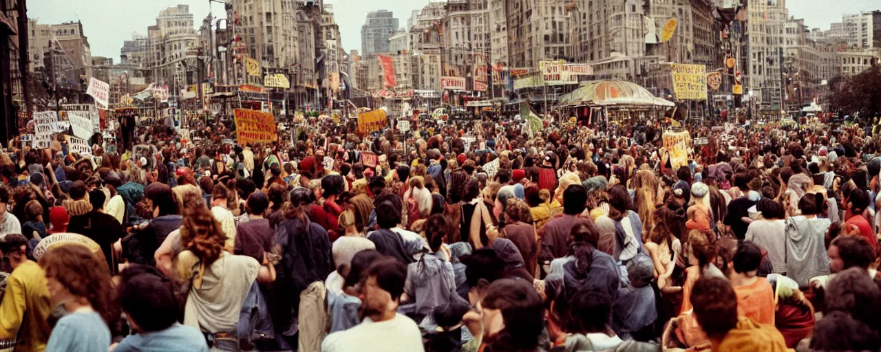 Prompt: ultra wide shot of hippies protesting spaghetti, 1 9 6 0's, balanced,, canon 5 0 mm, cinematic lighting, photography, retro, film, kodachrome