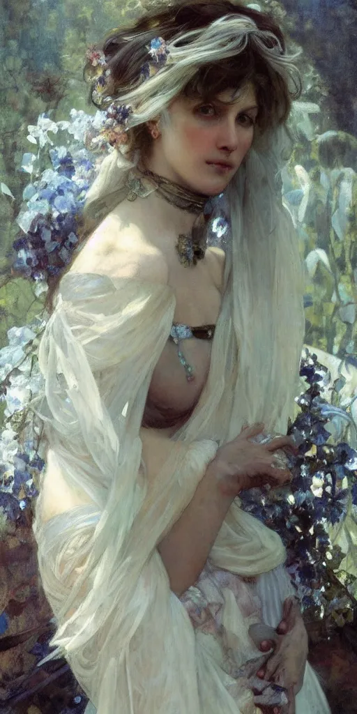 Prompt: a beautiful white haired woman, adorned with precious stones, by jeremy mann and alphonse mucha