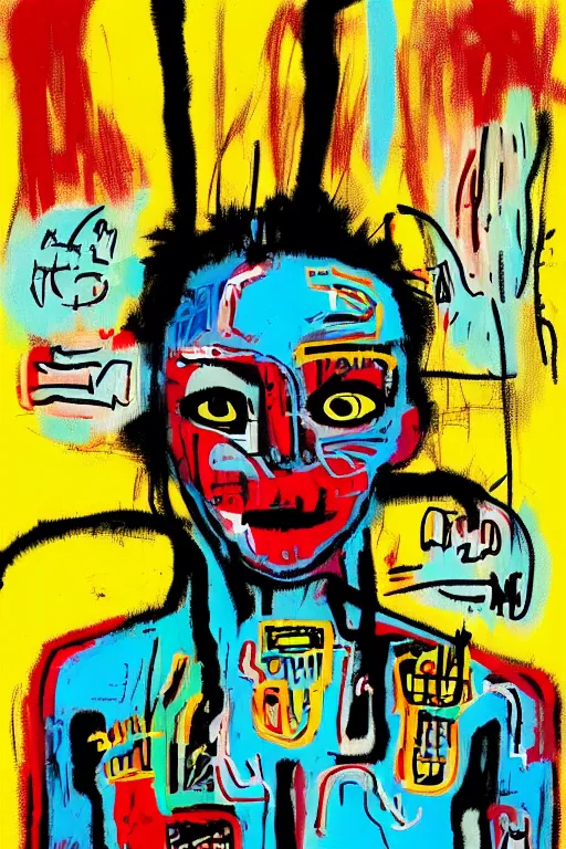 Image similar to cyborg girl in the style of jean michel basquiat